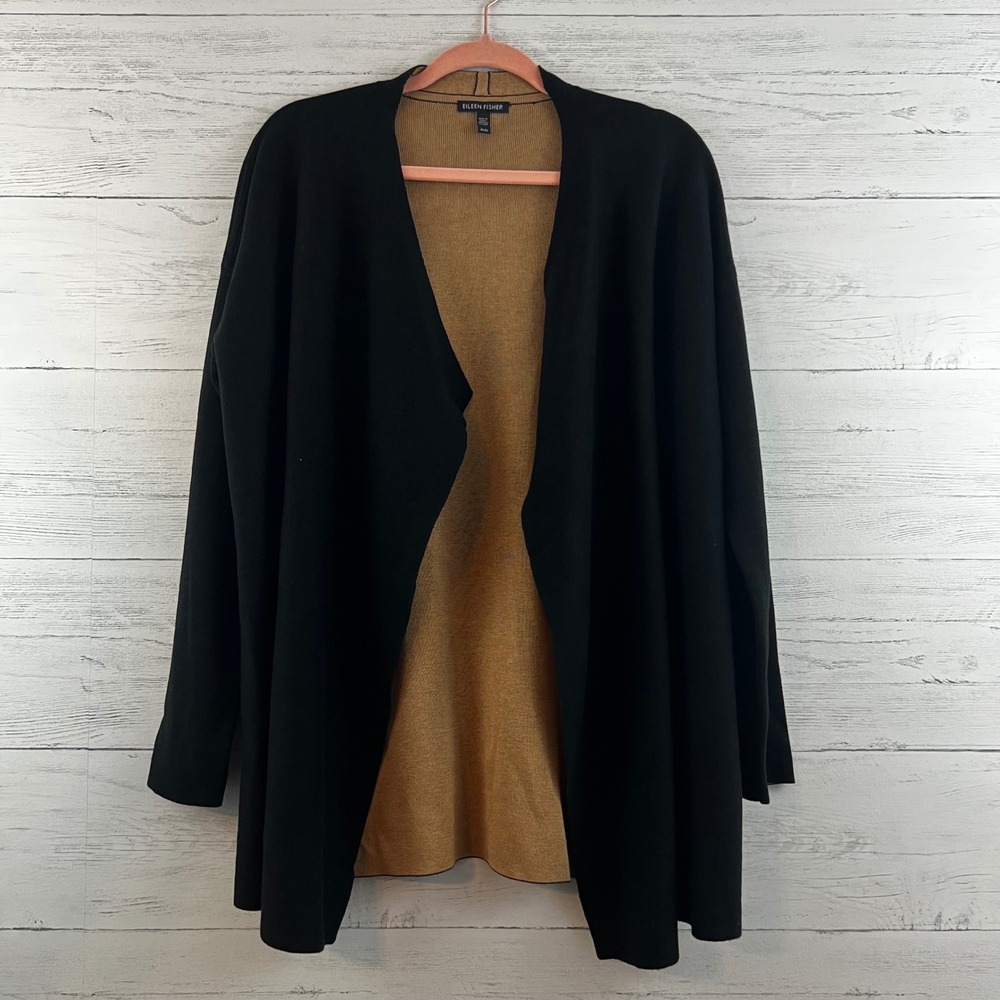 Eileen Fisher Silk Organic Cotton Cardigan Black Tan Open Front M